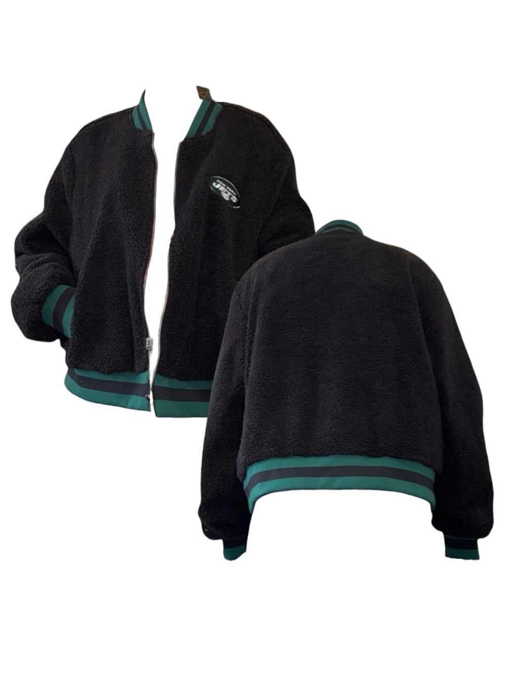 New York Jets Reversible Bomber Jacket Green Satin Varsity Bomber & Black Sherpa